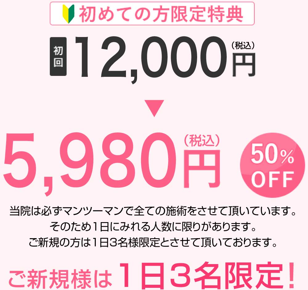 初めての方限定特典 初回 13,000円(税込)(2回目以降11,000円)→5980円(税込) 50%OFF